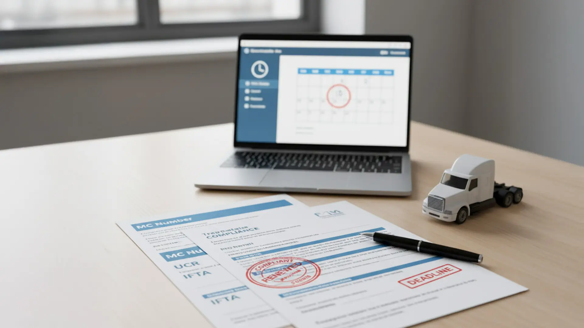 Annual trucking compliance renewal paperwork with MC number and IFTA forms beside laptop showing deadline calendar.