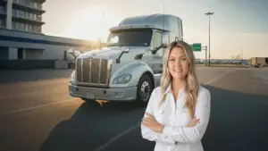 Driver Advantage representative standing in front of semi-truck at sunrise, representing the best commercial truck insurance for owner-operators.