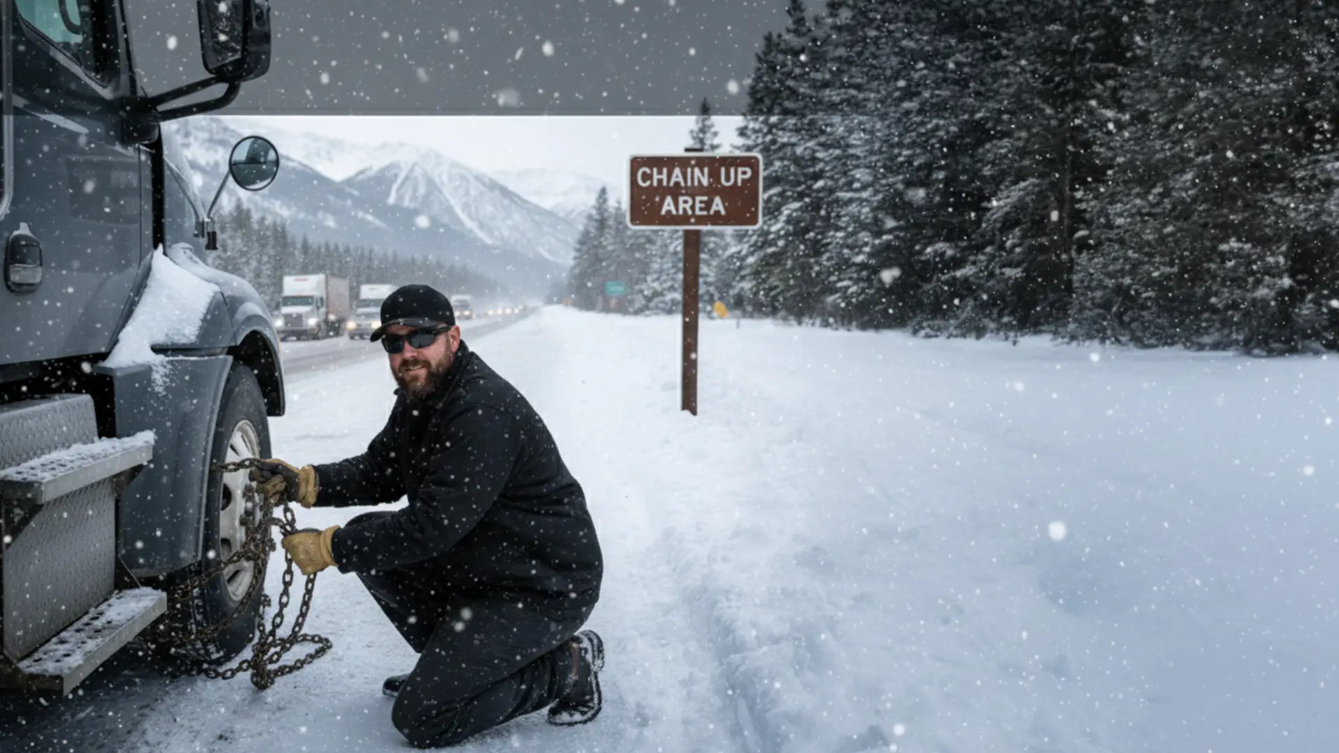 Commercial truck driver chaining tires in designated chain-up area to comply with winter driving regulations