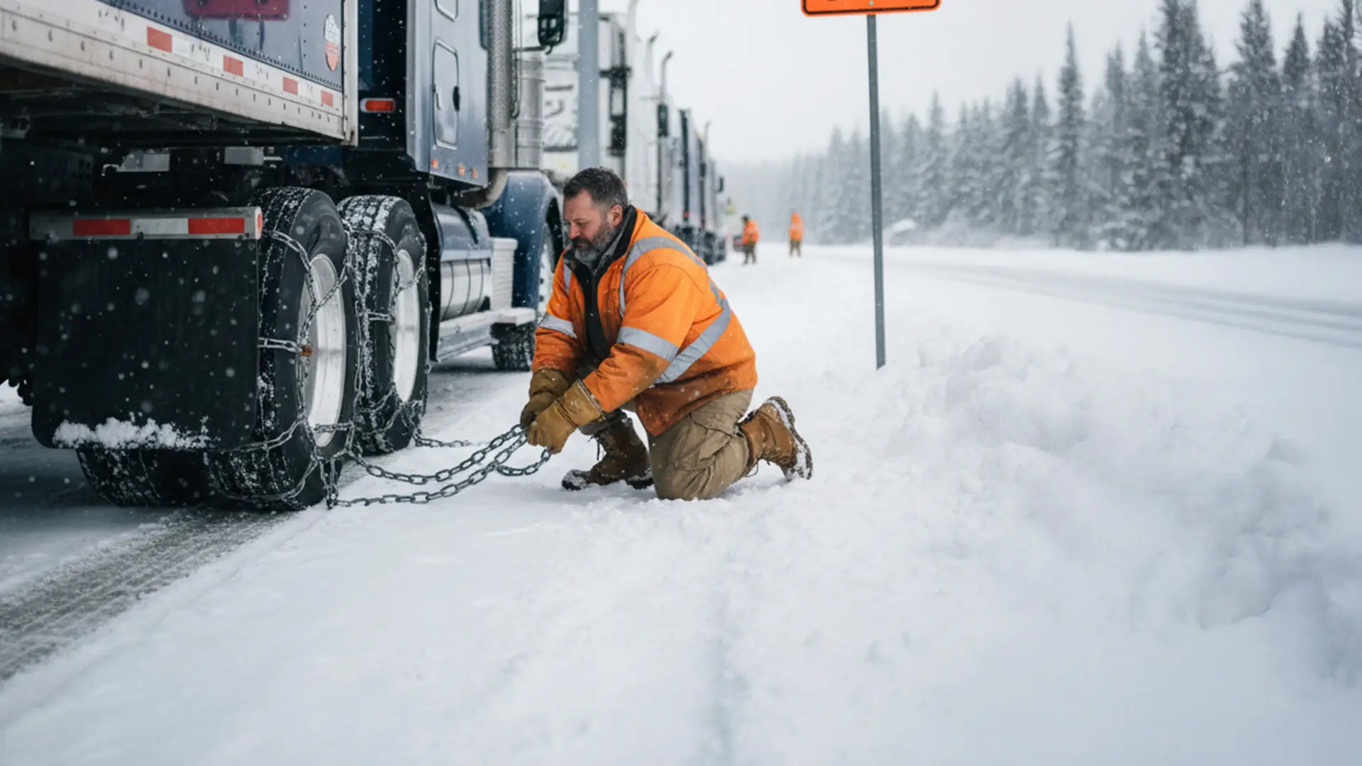 Driver chaining up semi-truck tires in snow for winter driving safety.