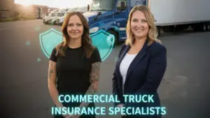 Driver Advantage commercial truck insurance specialists with semi-trucks in background.