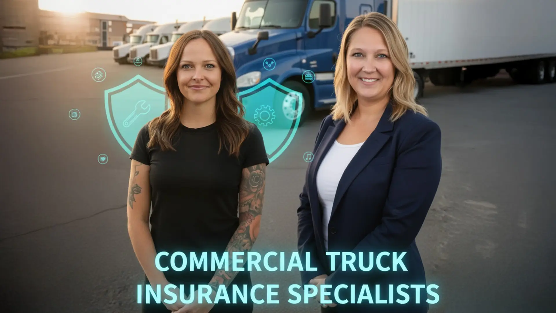 Driver Advantage commercial truck insurance specialists with semi-trucks in background.