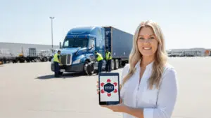 Driver Advantage representative showing truck insurance quote form on tablet with blue semi-truck and drivers working in background.
