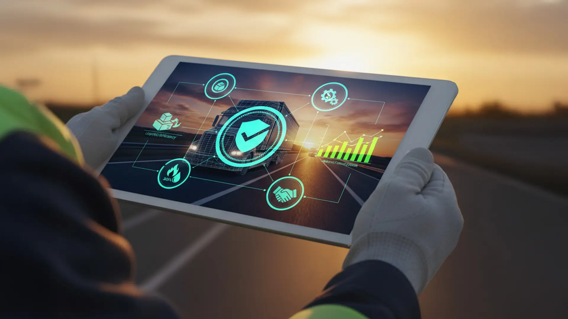 Truck compliance dashboard displayed on tablet showing logistics data and performance metrics related to MCS-150 updates.