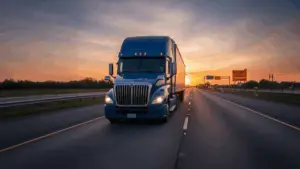 Blue semi-truck driving on highway at sunrise, representing safe driving practices and essential safety tips for truck drivers.