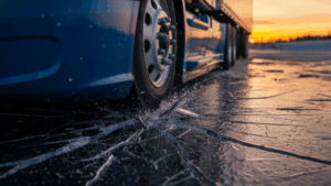 Semi-truck tire driving over black ice on winter road at sunrise, highlighting hidden danger for truck drivers.