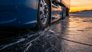 Semi-truck tire driving over black ice on winter road at sunrise, highlighting hidden danger for truck drivers.