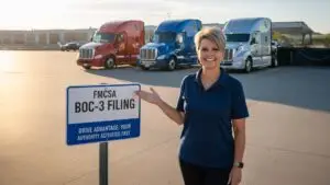 Driver Advantage representative standing in front of semi-trucks holding a BOC-3 Filing sign, representing federal trucking authority and compliance services.