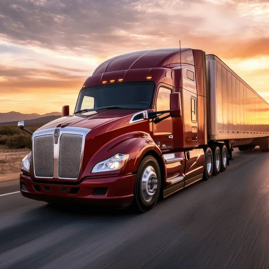 Red semi-truck hauling a trailer on a highway at sunset, representing reliable commercial trucking insurance and long-haul freight coverage.