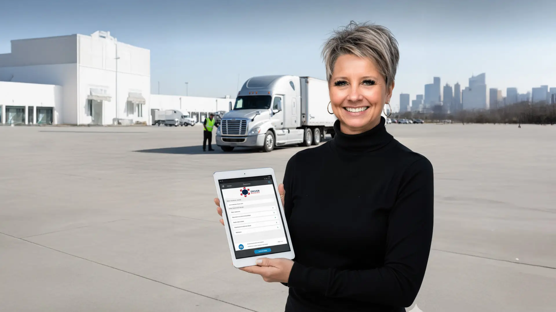 Driver Advantage representative showing online trucking authority and insurance application process with semi truck in background.