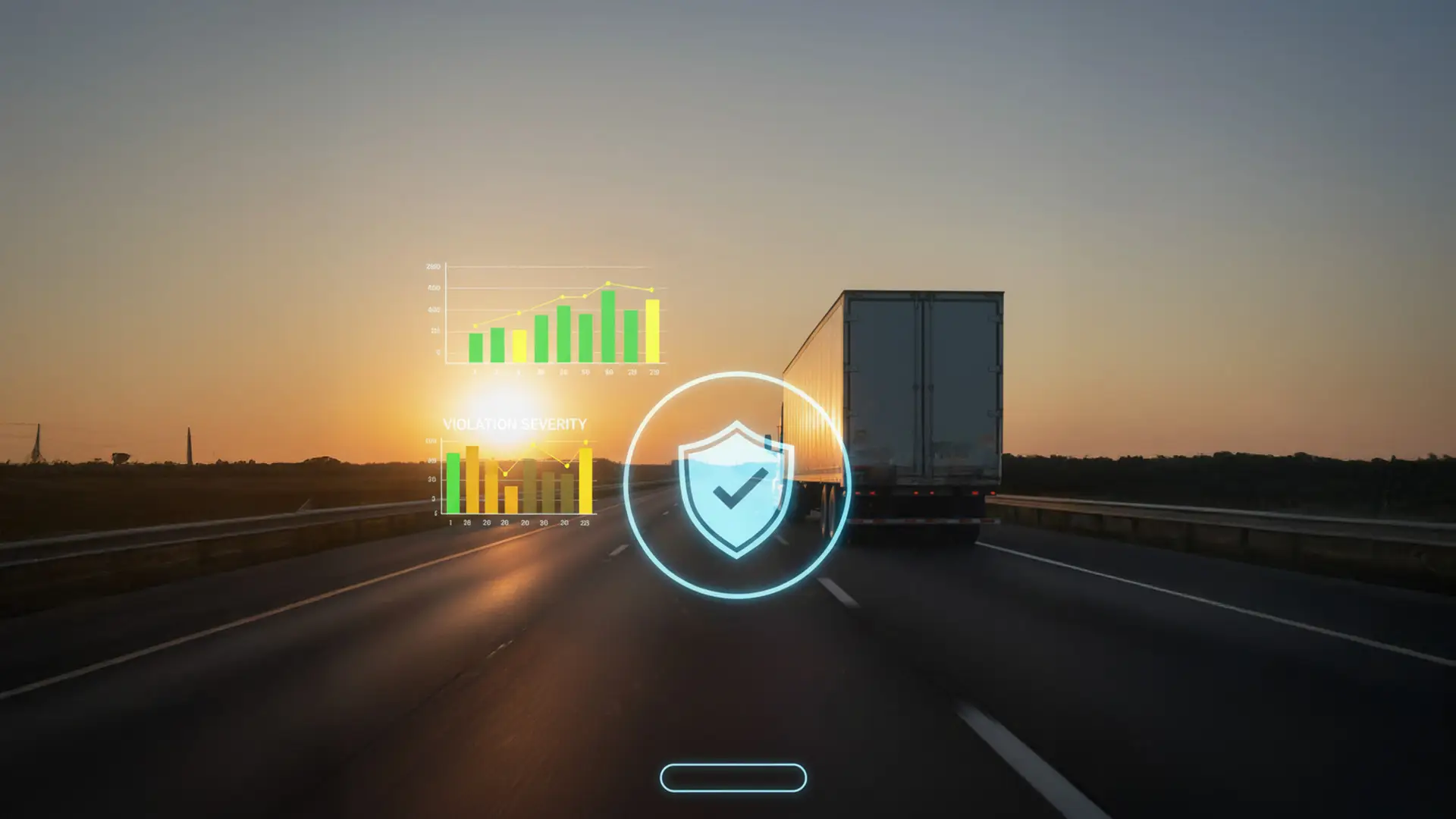 Semi-truck driving on highway at sunset with digital safety and compliance graphics representing SMS scores and violation severity for commercial carriers.