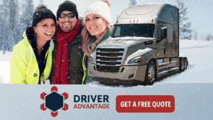 Smiling truck drivers standing in the snow beside a semi truck with Driver Advantage logo and Get a Free Quote button.